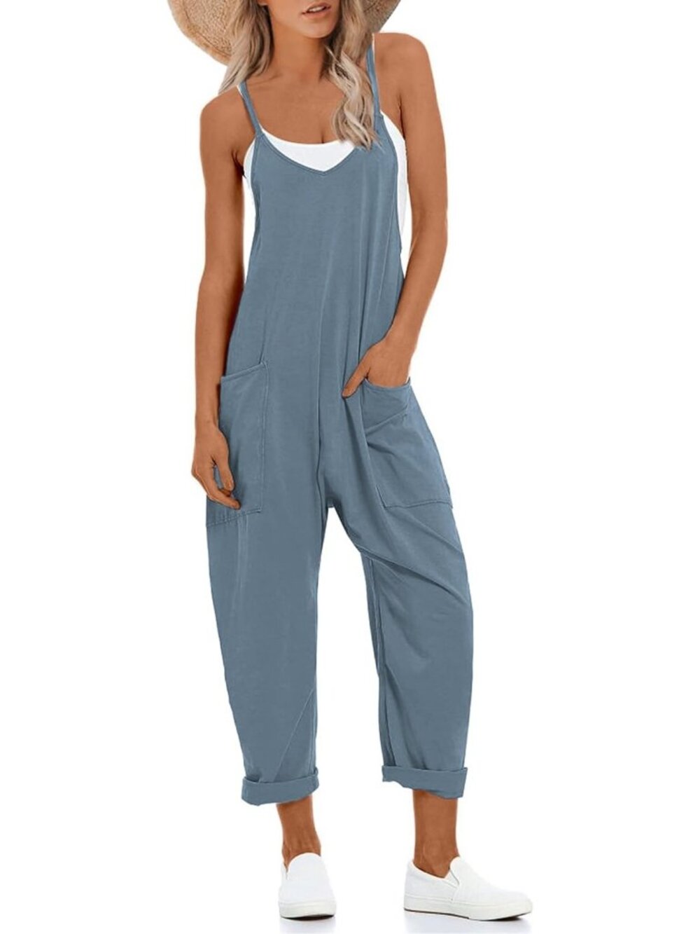 Women's Blue Grey V Neck Sleeveless Overalls Stretchy Adjustable Strap Romper